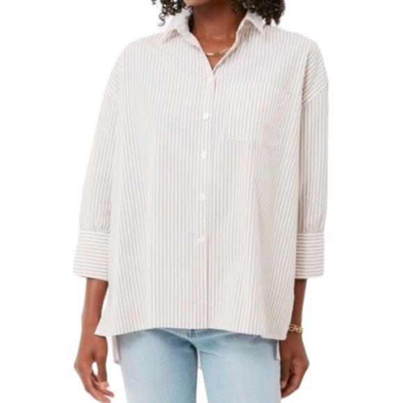 Tuckernuck Button Down Shirt Striped Beige White Cotton Adair Oversized Medium - Picture 1 of 8